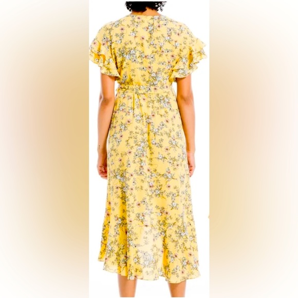 MAX STUDIO 💛YELLOW💛 FLORAL RUFFLE WRAP HIGH LOW MIDI SHORT SLEEVE DRESS🌟NWT🌟 - Picture 5 of 14